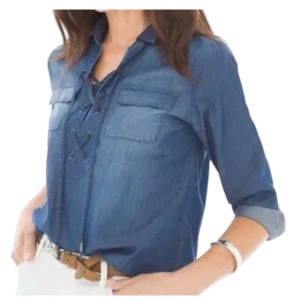 CHICO'S Blue Chambray LACE-UP FRONT POPOVER TOP Shirt Blouse Cotton Poplin S/1